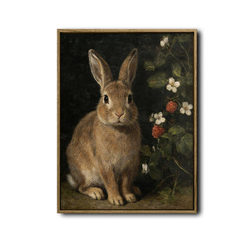 Dark Vintage Rabbit Berry Floral Vertical Canvas Wall Art