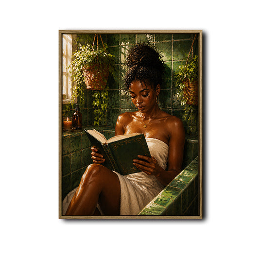 Vintage Bath Time Canvas Poster, Melanin Woman Reading Old Book Green Tiled Bathroom Artwork for Powder Room Gallery Wall Decor