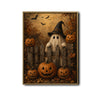 Vintage Ghost Witch Hat Pumpkin Fence Halloween Framed Wall Art Print