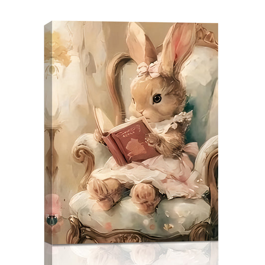 Vintage Easter Bunny Reading Book Wall Art, Cute Rabbit in Pink Dress Framed Canvas Print, Pastel Spring Home Decor for Nursery Bedroom Living Room, Light Oak Wooden Frame Farmhouse Wall Decor