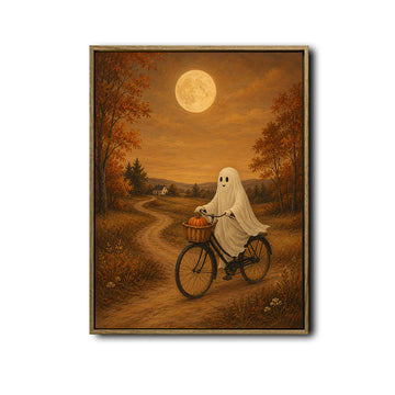 Vintage Ghost Riding Bike Pumpkin Full Moon Halloween Framed Wall Art Print