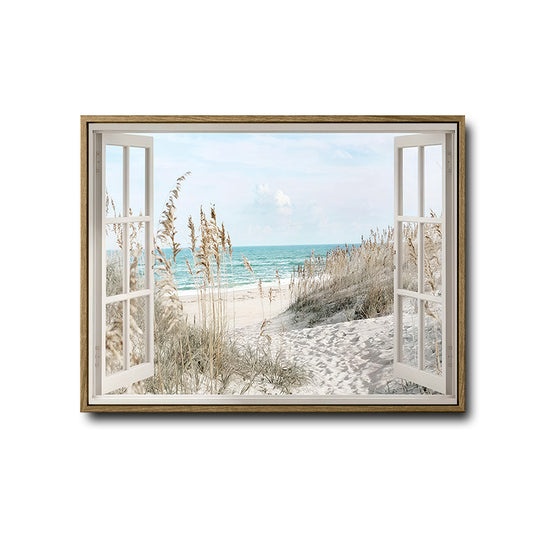 Faux Window Beach Pampas Grass Seascape Wall Art