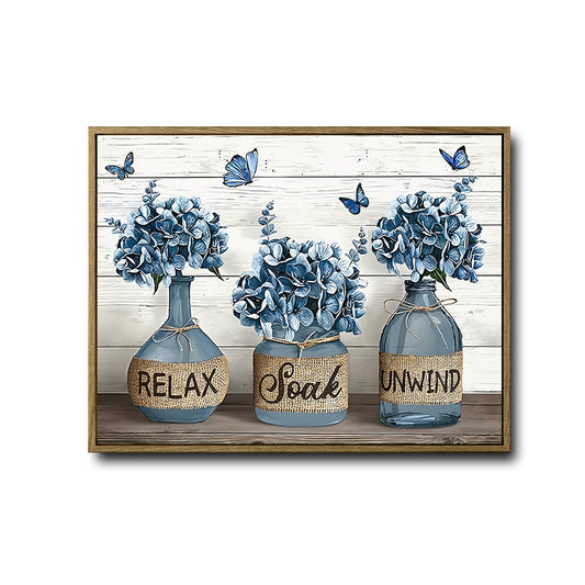 Relax Soak Unwind Blue Hydrangea Butterfly Rustic Bathroom Framed Wall Art