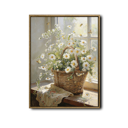 Antique Window Sill Daisy Wall Art, Wicker Basket Wildflower Still Life Canvas Print, Framed Wall Decor for Living Room Bedroom