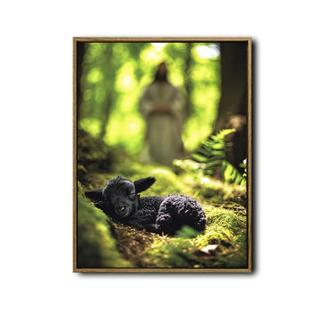 Christian Canvas Wall Art, Jesus and Sleeping Black Lamb in Green Forest Framed Religious Faith Decor for Living Room