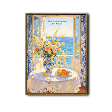 Mediterranean Ocean Window Still Life Canvas Wall Art Floral Quote Summer Home Decor