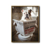 Funny English Bulldog On Toilet Reading Newspaper Wall Art, Quirky Dog Bathroom Canvas Print, Humorous Pet Restroom Wall Decor