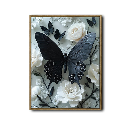 Black Butterfly and White Peony Flower Canvas Wall Art, Vintage Floral Black Butterfly Print, Elegant Dark Botanical Wall Decor for Bedroom Living Room