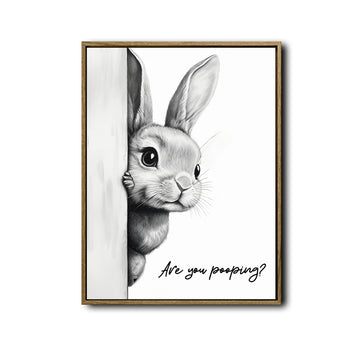 Funny Rabbit Bathroom Canvas Wall Art, Are You Pooping Peeking Bunny Print, Black White Sketch Cute Bunny Restroom Decor, Humorous Farmhouse Bathroom Sign