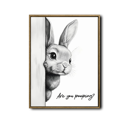 Funny Rabbit Bathroom Canvas Wall Art, Are You Pooping Peeking Bunny Print, Black White Sketch Cute Bunny Restroom Decor, Humorous Farmhouse Bathroom Sign