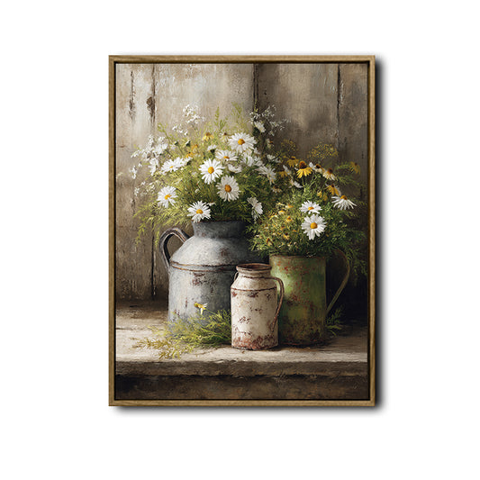 Cottagecore Floral Still‑Life Wall Decor, Vintage Metal Vases with Wild Daisies Oil Painting Canvas Poster