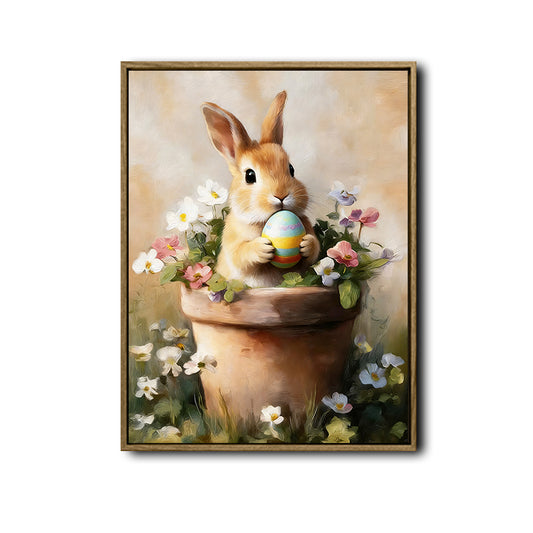 Bunny in Terracotta Pot Wildflowers Easter Egg Canvas Wall Art
