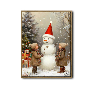 Kids & Snowman Framed Wall Art Vintage Oil Painting Christmas Print