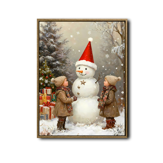 Kids & Snowman Framed Wall Art Vintage Oil Painting Christmas Print