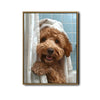 Funny Goldendoodle Bath Time Wall Art, Curly Dog Peeking From Shower Curtain Canvas Print, Quirky Dog Bathroom Wall Decor