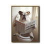 Funny Bulldog Toilet Reading Newspaper Wall Art, English Bulldog Bathroom Canvas Print, Humorous Dog Bathroom Wall Decor