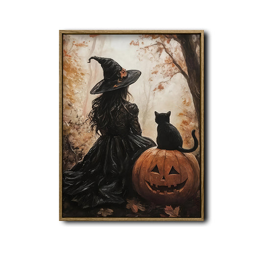 Gothic Witch Black Cat Pumpkin Canvas Print, Vintage Autumn Forest Halloween Wall Art