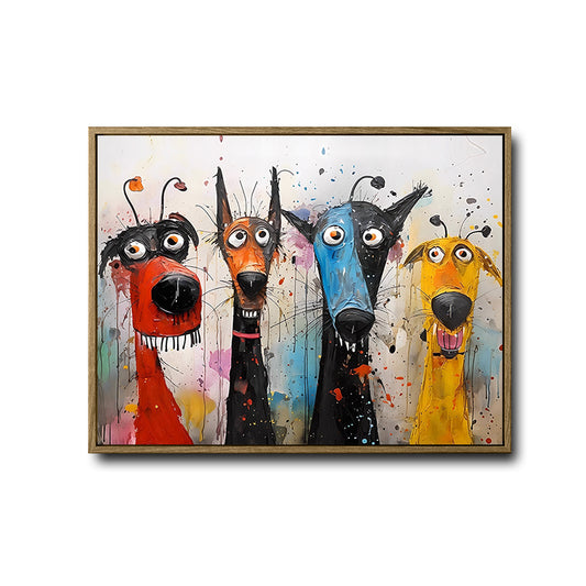 Four Colorful Whimsical Funny Dogs Canvas Wall Art, Abstract Graffiti Splash Paint Dog Horizontal Print, Modern Pop Art Pet Lover Living Room Wall Decor