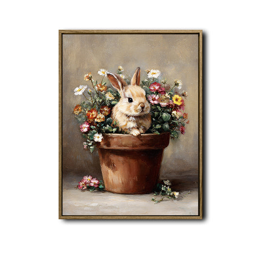 Vintage Bunny in Terracotta Pot Mixed Wildflowers Canvas Wall Art