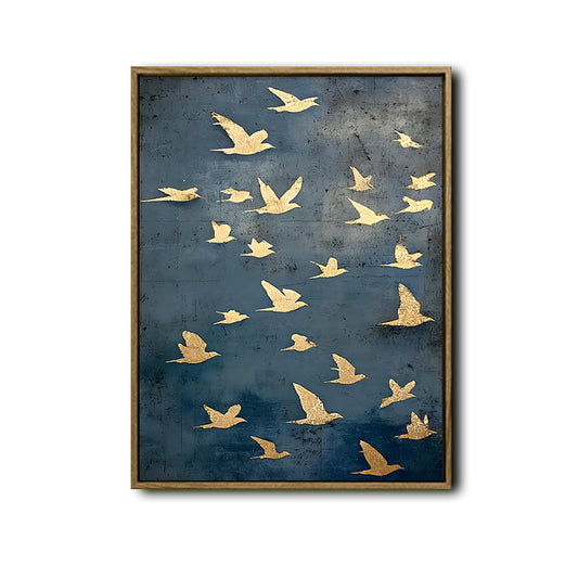 Vintage Textured Gold Birds Canvas Poster, Navy Sky Flying Birds Art Print, Minimalist Luxury Wall Decoration