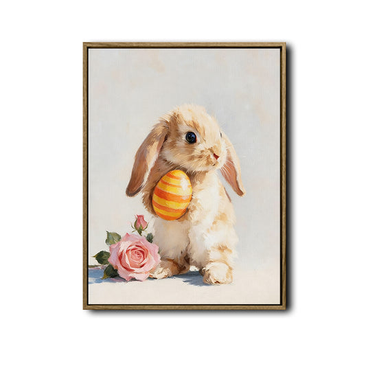 Lop Ear Bunny Holding Easter Egg Pink Rose Canvas Wall Art