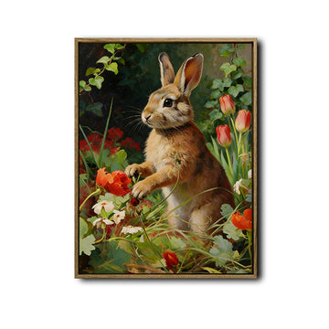 Vintage Brown Bunny Red Tulip Wildflower Garden Canvas Wall Art