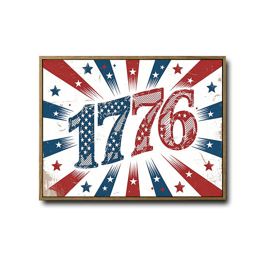 Vintage 1776 American Patriotic Canvas Wall Art, Distressed Red Blue Star Burst 1776 Independence Day Canvas Print, 4th of July Farmhouse Wall Decor