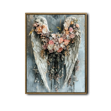 Romantic Flower Angel Wings Wall Print, Antique Floral Angel Wing Canvas for Living Room Bedroom Farmhouse Decor