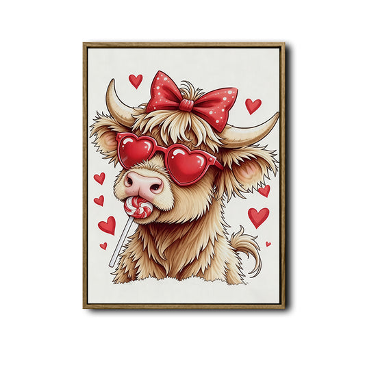Cute Highland Cow With Heart Sunglasses Wall Art, Red Bow Lollipop Canvas Print, Fun Cow Lover Home Decor