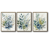 Set of 3 Teal Blue Floral Botanical Watercolor Canvas Wall Art