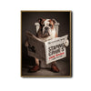 Whimsical Bulldog Poster, Bulldog Sitting On Toilet With Dress Shoes Reading Newspaper, Humorous Bathroom Wall Print for Dog Lovers