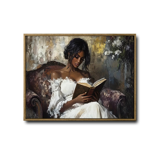 Elegant Black Woman Reading Canvas Print, Vintage Textured Oil Painting Female Portrait Wall Art