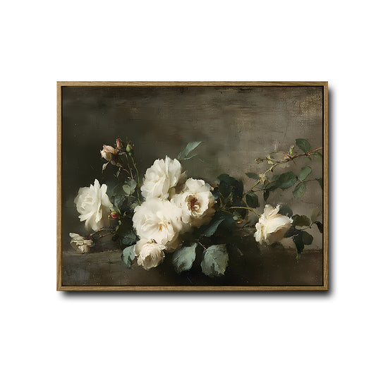 Vintage White Rose Floral Framed Canvas Wall Art, Dark Moody Still Life Flower Oil Painting Print, Antique Farmhouse Living Room Bedroom Wall Decor