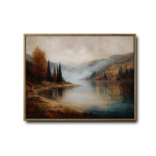 Muted Vintage Fall Lake Scene Canvas Art | Moody Misty Mountain Valley Landscape Artwork for Cottage Rustic Home Decor