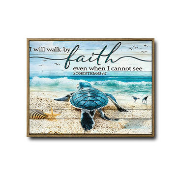 Farmhouse Christian Coastal Wall Decor, Sea Turtle Walking On Beach With Quote I Will Walk By Faith Even When I Cannot See 2 Corinthians 5:7, Distressed Wood Background Nautical Inspirational Horizontal Canvas Artwork