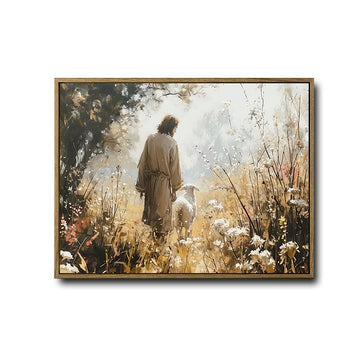Inspirational Jesus Shepherd Canvas Wall Art, Jesus and Lamb Wildflower Meadow Vintage Oil Painting Style Religious Poster