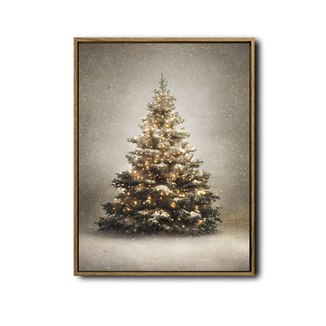 Glowing Snowy Christmas Tree Framed Wall Art Neutral Vintage Farmhouse Holiday Print