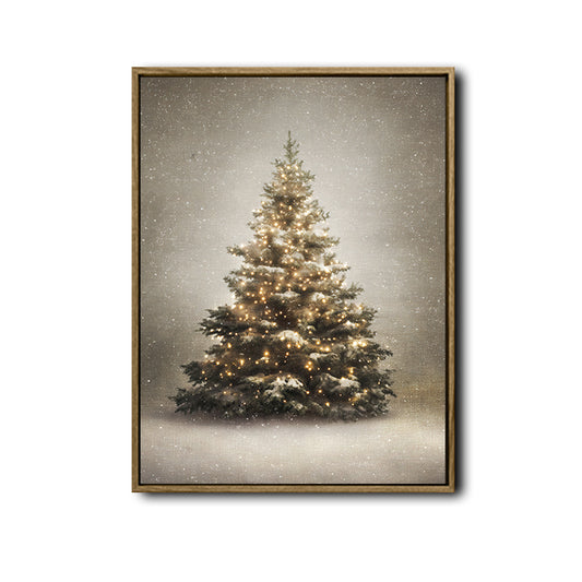 Glowing Snowy Christmas Tree Framed Wall Art Neutral Vintage Farmhouse Holiday Print