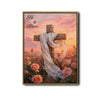He is Risen Cross White Drape Rose Field Religious Canvas Wall Art