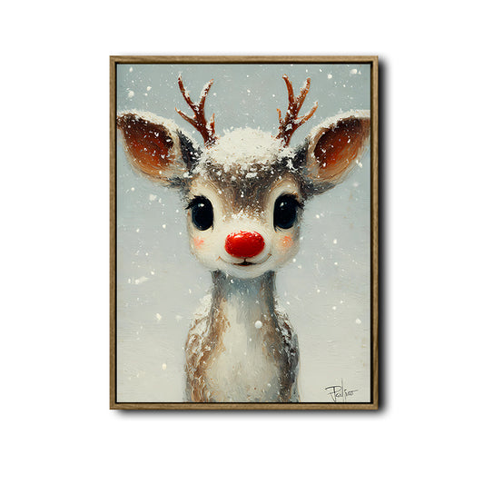 Cute Baby Red‑Nosed Reindeer Framed Wall Art Christmas Oil Painting Print
