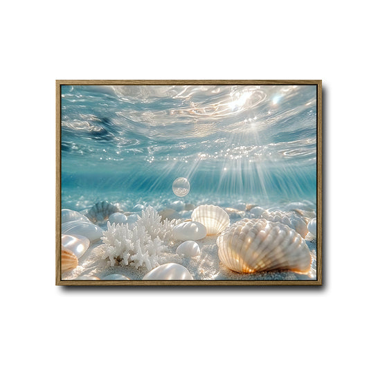 Underwater Seashell & Coral Canvas Print, Sunlight Ocean Coastal Horizontal Wall Art