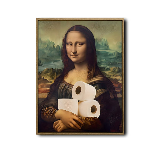 Funny Mona Lisa Holding Toilet Paper Canvas Wall Art, Parody Classic Painting Humorous Bathroom Print, Vintage Quirky Restroom Wall Decor