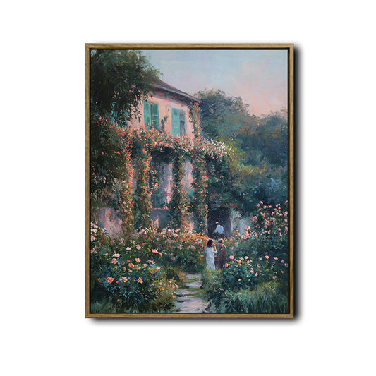Antique French Garden Wall Art, Climbing Rose Cottage Landscape Canvas Print, Framed Wall Decor for Living Room Dining Room