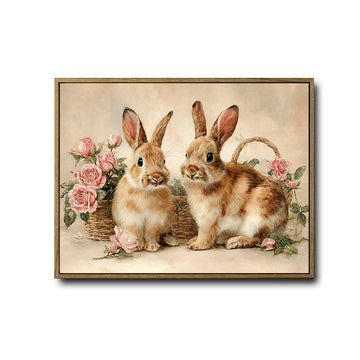 Two Bunnies Pink Rose Floral Canvas Wall Art