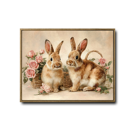 Two Bunnies Pink Rose Floral Canvas Wall Art