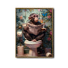 Quirky Chimpanzee Toilet Wall Art, Monkey With Pink Glasses Coffee Newspaper Tropical Bathroom Canvas Poster