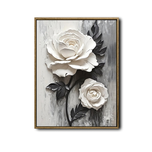 3D Textured White Rose Canvas Wall Art, Black and White Floral Impasto Painting Print, Minimalist Neutral Vertical Wall Decor for Living Room Bedroom