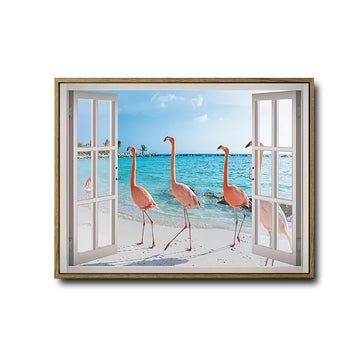 Tropical Flamingo Beach Faux Window View Wall Art