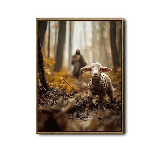 Autumn Woodland Jesus and Muddy Lamb Framed Canvas Wall Art, Religious Spiritual Farmhouse Home Wall Decor