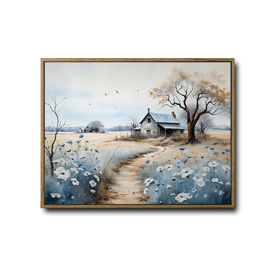 Rustic Old Farmhouse Canvas Print, Blue Wildflower Country Rural Landscape Wall Art